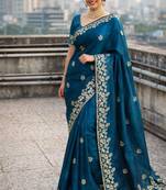 Blue Color Dori embroidery work satin Saree 