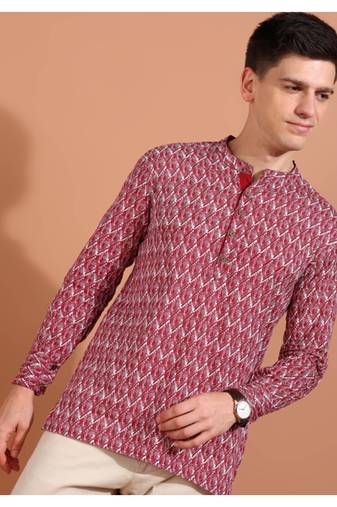 cotton geometrical printed nehru collar full sleeves short kurta (maroon)