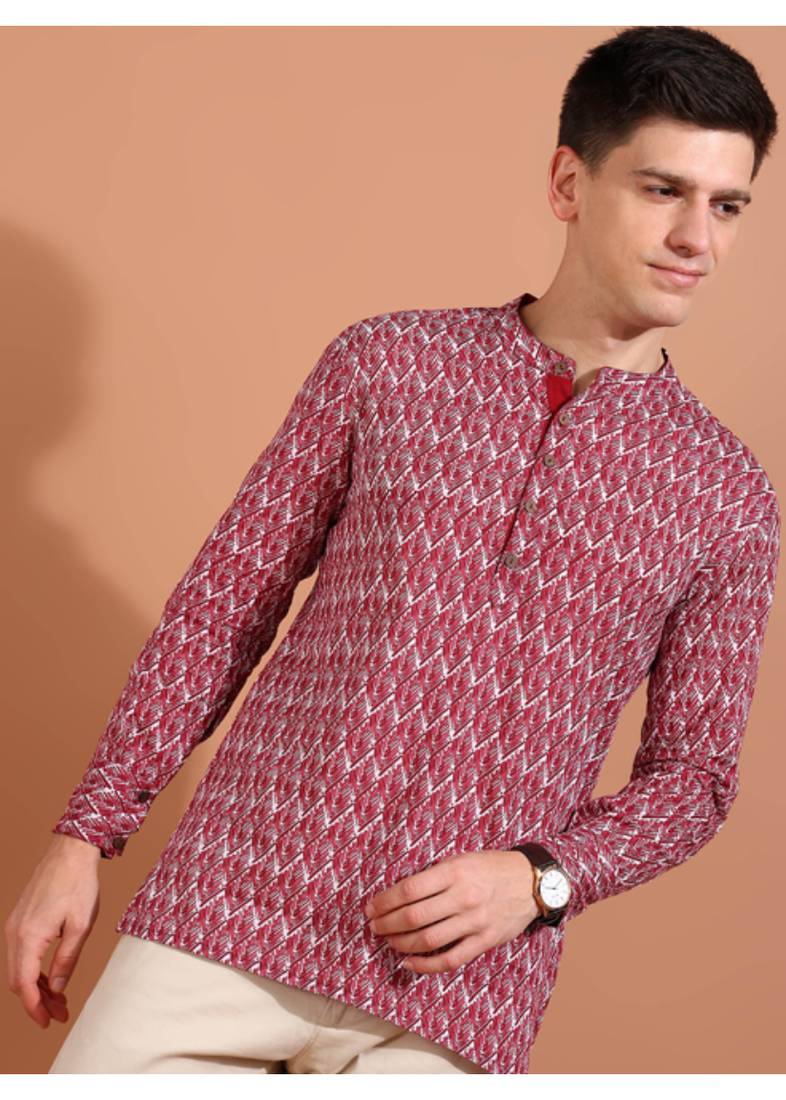 cotton geometrical printed nehru collar full sleeves short kurta (maroon)