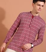 cotton geometrical printed nehru collar full sleeves short kurta (maroon)