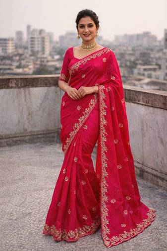 Rani Pink Color Dori embroidery work satin Saree 
