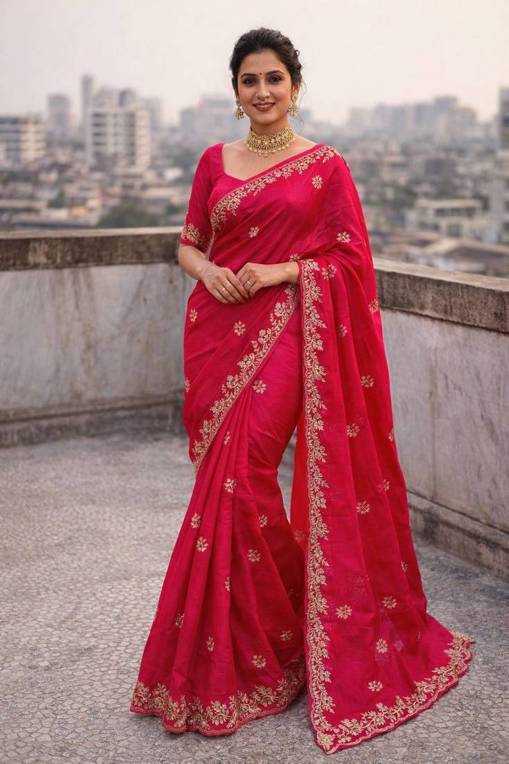 Rani Pink Color Dori embroidery work satin Saree 