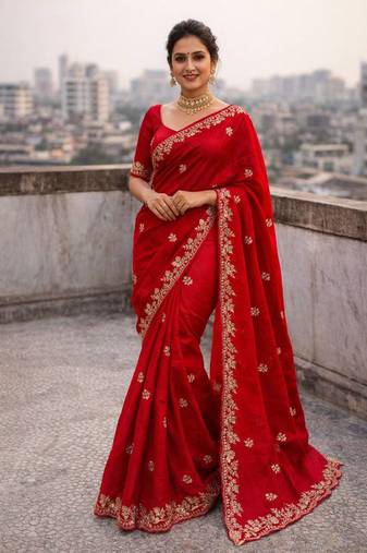 Red Color Dori embroidery work satin Saree 