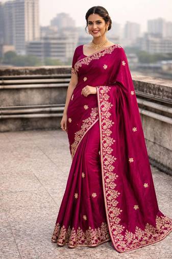 Wine Color Dori embroidery work satin Saree 