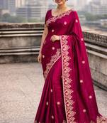 Wine Color Dori embroidery work satin Saree 