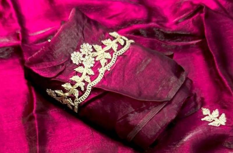 Wine Color Dori embroidery work satin Saree 