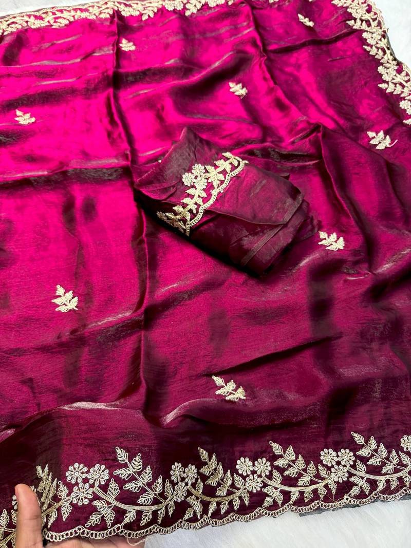 Wine Color Dori embroidery work satin Saree 