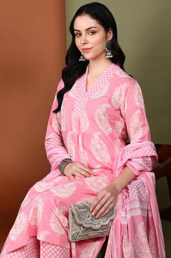 Yash gallery women's cotton buta print a-line kurta paired with elastic bottom and duptta (pink)