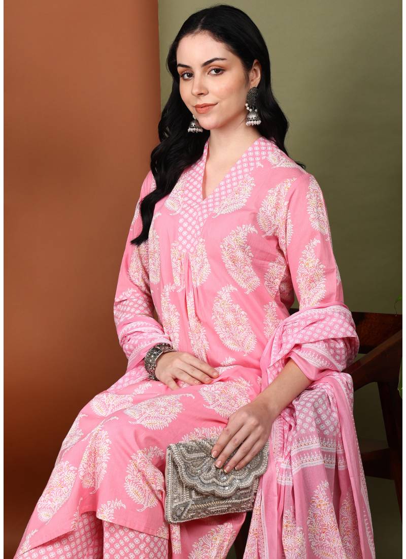 Yash gallery women's cotton buta print a-line kurta paired with elastic bottom and duptta (pink)