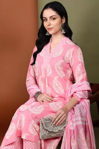 Yash gallery women's cotton buta print a-line kurta paired with elastic bottom and duptta (pink)