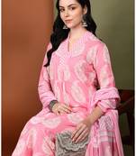 Yash gallery women's cotton buta print a-line kurta paired with elastic bottom and duptta (pink)
