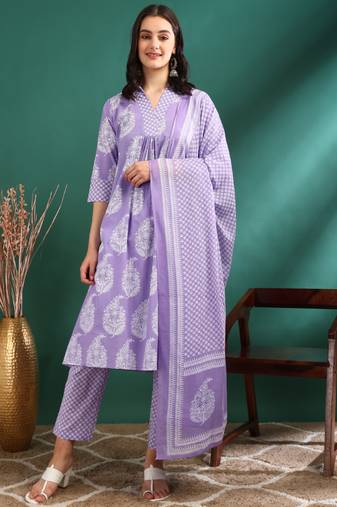 Yash gallery women's cotton buta print a-line kurta paired with elastic bottom and duptta (lavender)