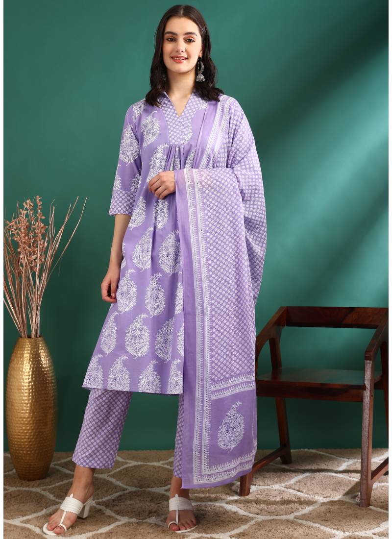 Yash gallery women's cotton buta print a-line kurta paired with elastic bottom and duptta (lavender)