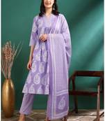 Yash gallery women's cotton buta print a-line kurta paired with elastic bottom and duptta (lavender)