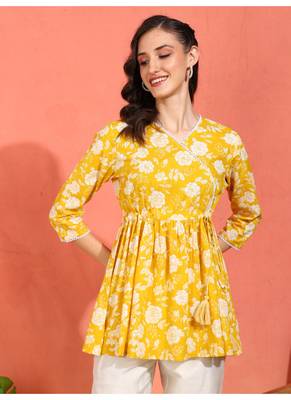 Yash gallery women's cotton floral printed 3/4th sleeve v-neck mid thigh length lace work peplum style short kurti 1