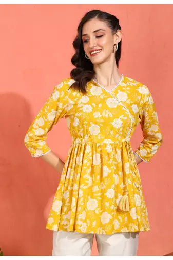 Yash gallery women's cotton floral printed 3/4th sleeve v-neck mid thigh length lace work peplum style short kurti