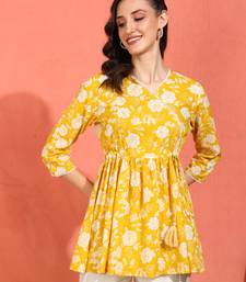 Yash gallery women's cotton floral printed 3/4th sleeve v-neck mid thigh length lace work peplum style short kurti