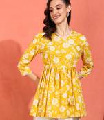 Yash gallery women's cotton floral printed 3/4th sleeve v-neck mid thigh length lace work peplum style short kurti