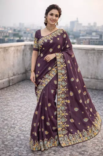 Lavender color thread work embroidered Saree Georgette silk saree
