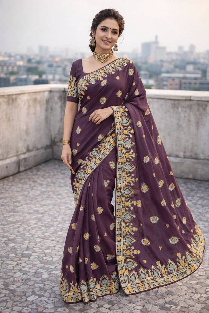 Lavender color thread work embroidered Saree Georgette silk saree