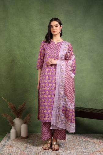 Yash gallery women's cotton floral printed gotta patti straight kurta with printed pant & dupatta