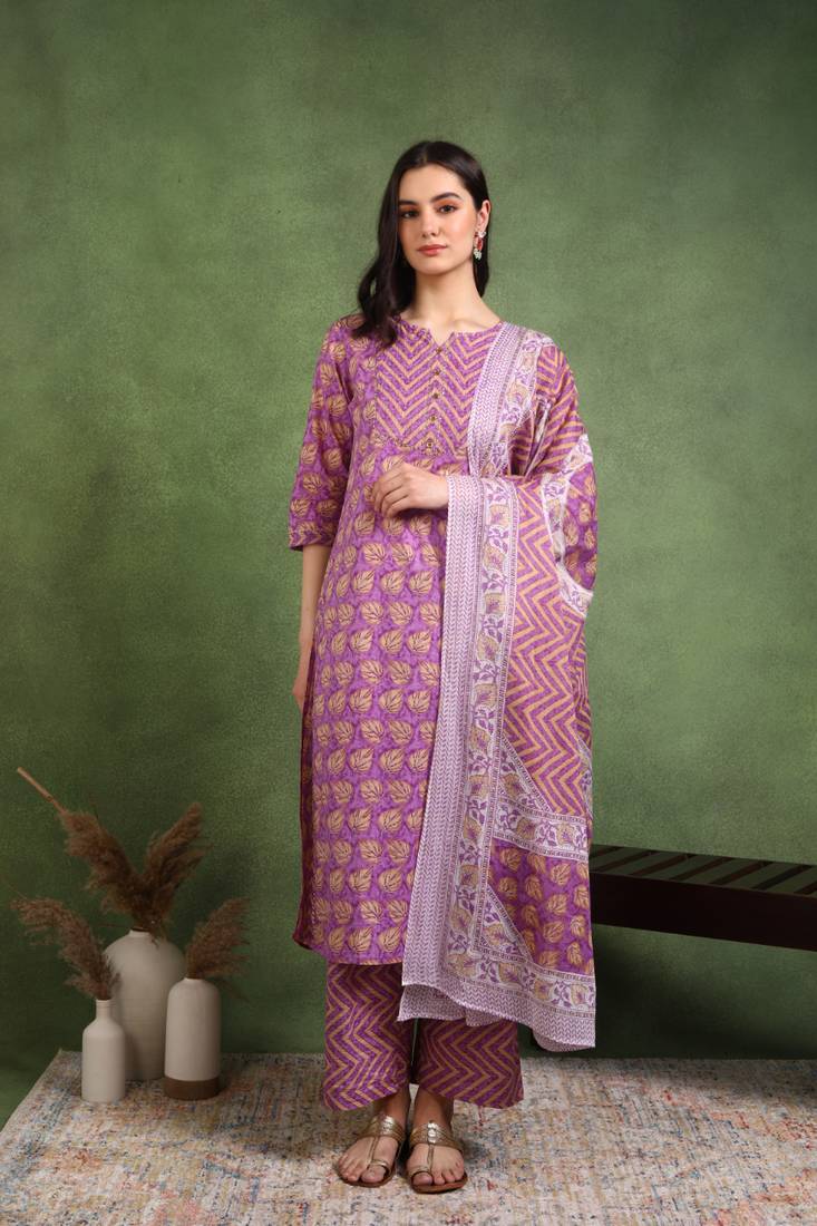 Yash gallery women's cotton floral printed gotta patti straight kurta with printed pant & dupatta