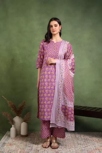 Yash gallery women's cotton floral printed gotta patti straight kurta with printed pant & dupatta