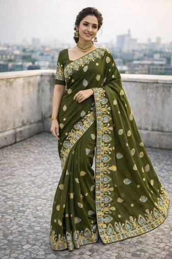 Olive color thread work embroidered Saree Georgette silk saree
