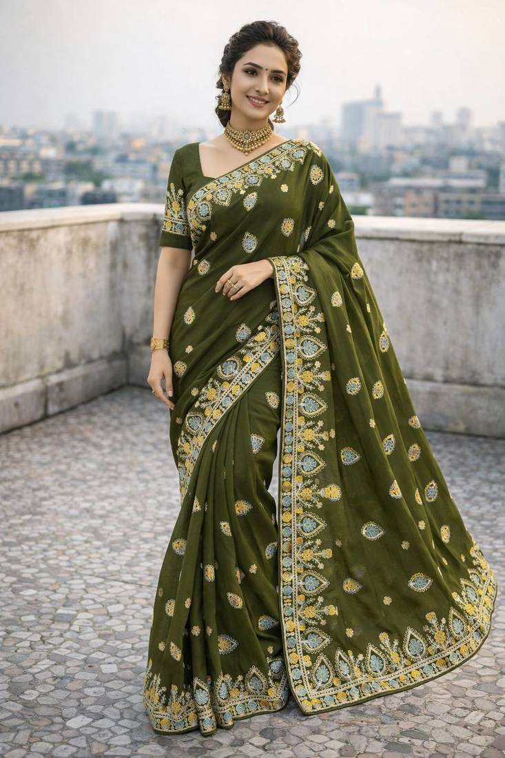 Olive color thread work embroidered Saree Georgette silk saree