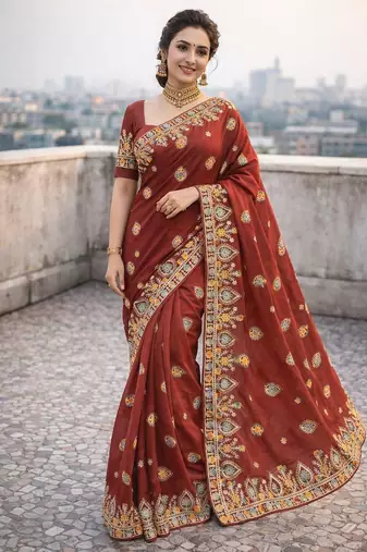 Orange color thread work embroidered Saree Georgette silk saree