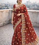 Orange color thread work embroidered Saree Georgette silk saree