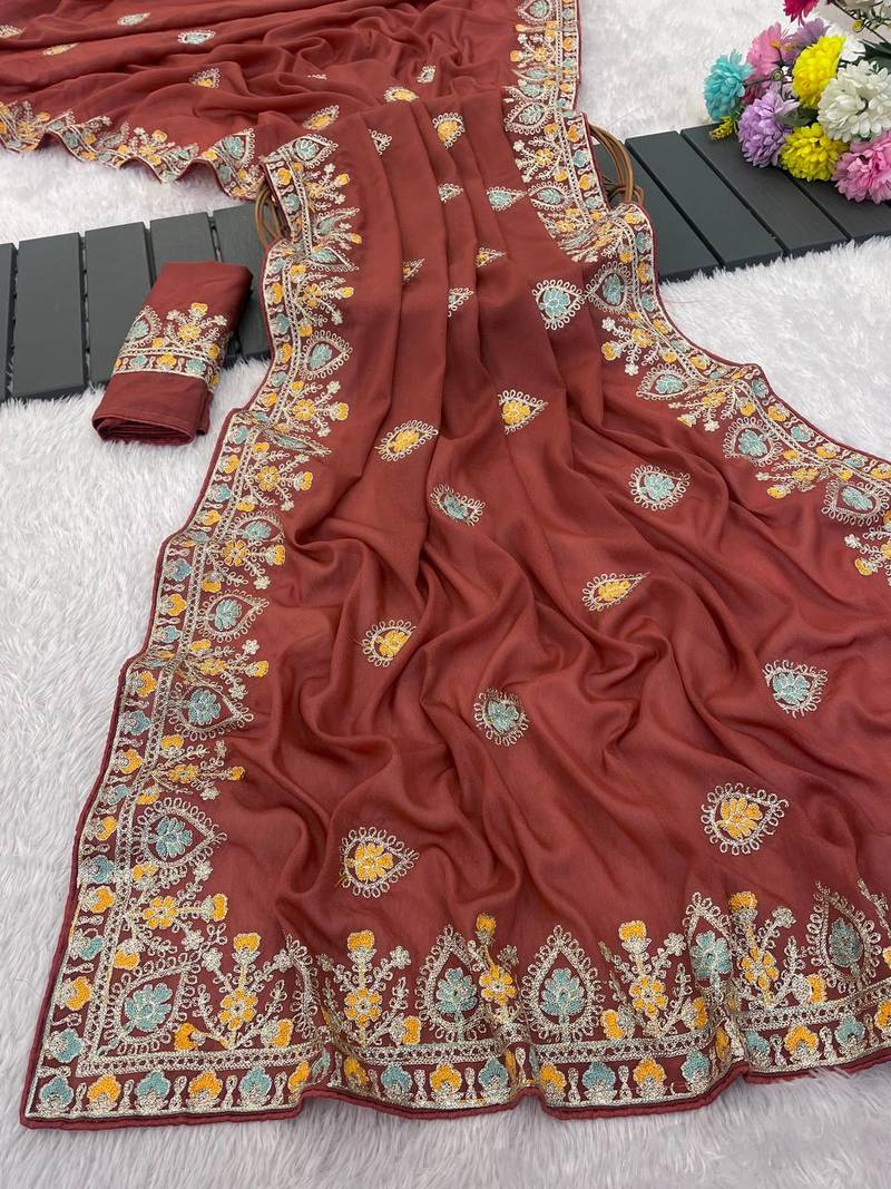 Orange color thread work embroidered Saree Georgette silk saree