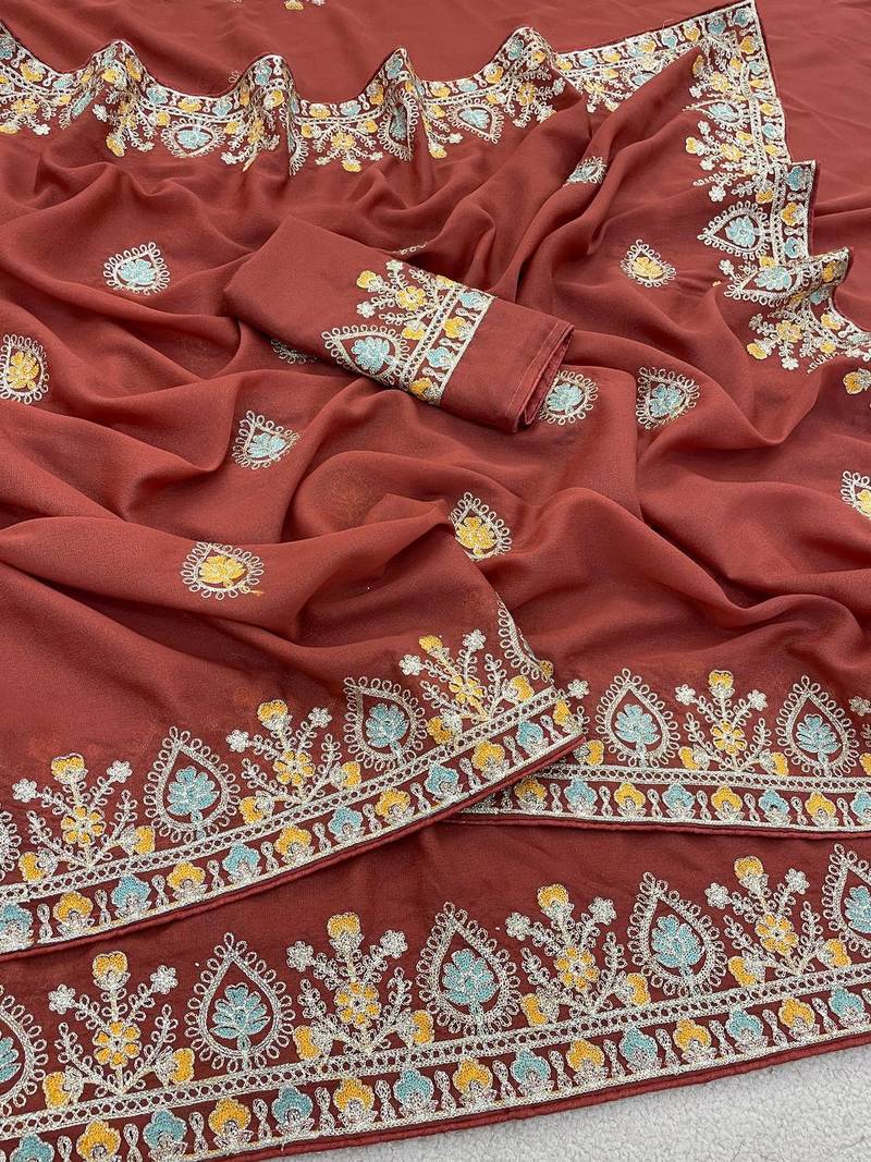 Orange color thread work embroidered Saree Georgette silk saree