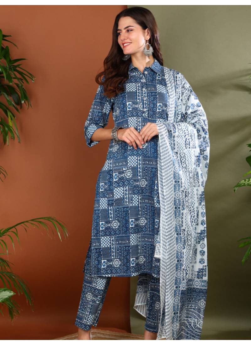 Yash gallery women's cotton geometrical print straight kurta with pant and duptta (blue)