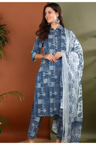 Yash gallery women's cotton geometrical print straight kurta with pant and duptta (blue)