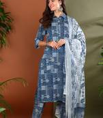 Yash gallery women's cotton geometrical print straight kurta with pant and duptta (blue)