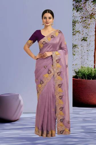 Lavender color Sequences and multi thread Saree satin sarees 