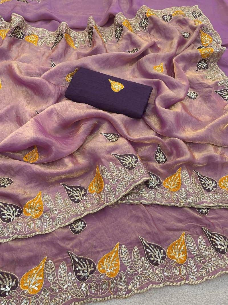 Lavender color Sequences and multi thread Saree satin sarees 