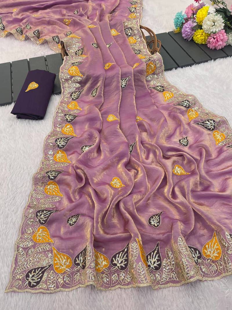 Lavender color Sequences and multi thread Saree satin sarees 