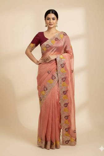 Peach color Sequences and multi thread Saree satin sarees 