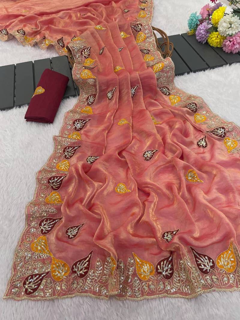 Peach color Sequences and multi thread Saree satin sarees 