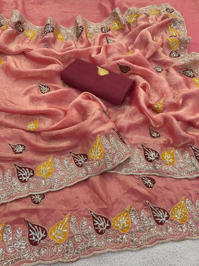 Peach color Sequences and multi thread Saree satin sarees 