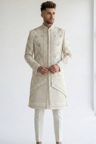 off white raw silk sequin beadwork indo western sherwani