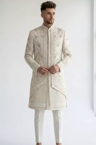 off white raw silk sequin beadwork indo western sherwani
