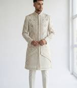 off white raw silk sequin beadwork indo western sherwani