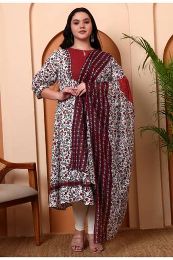 Yash gallery women's cotton floral print with kantha yoke anarkali kurta and duptta (white)