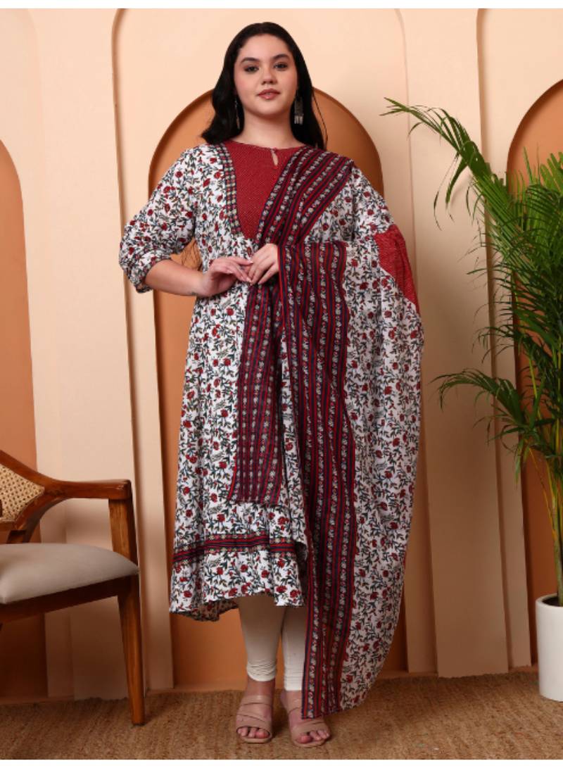 Yash gallery women's cotton floral print with kantha yoke anarkali kurta and duptta (white)