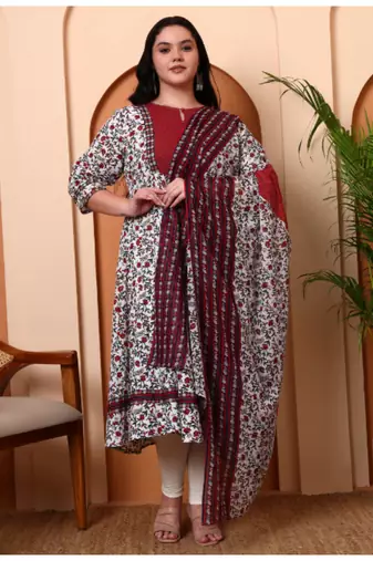 Yash gallery women's cotton floral print with kantha yoke anarkali kurta and duptta (white)