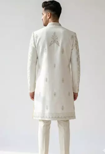 off white raw silk sequin beadwork indo western sherwani