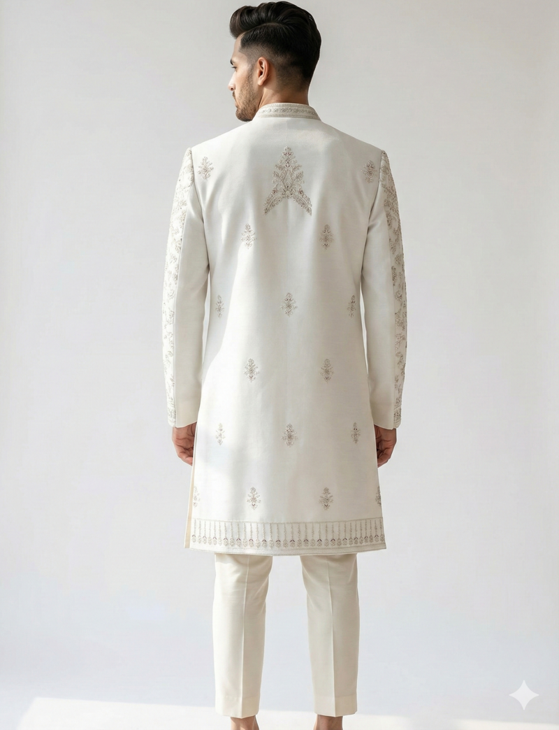 off white raw silk sequin beadwork indo western sherwani